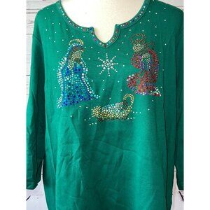NWOT Quacker Factory Nativity Shirt Plus Size‎ 1X Rhinestones Ugly Christmas top